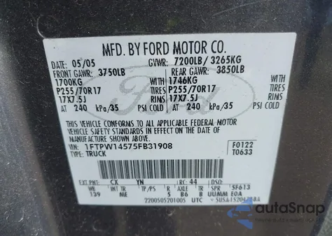 2005 Ford F-150 Fx4/Lariat/Xlt from USA, damaged, VIN 1FTPW14575FB31908